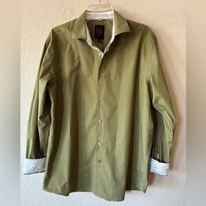Linea Uomo Long Sleeve Olive Button Down with Contrast Polka Dot trim XL‎